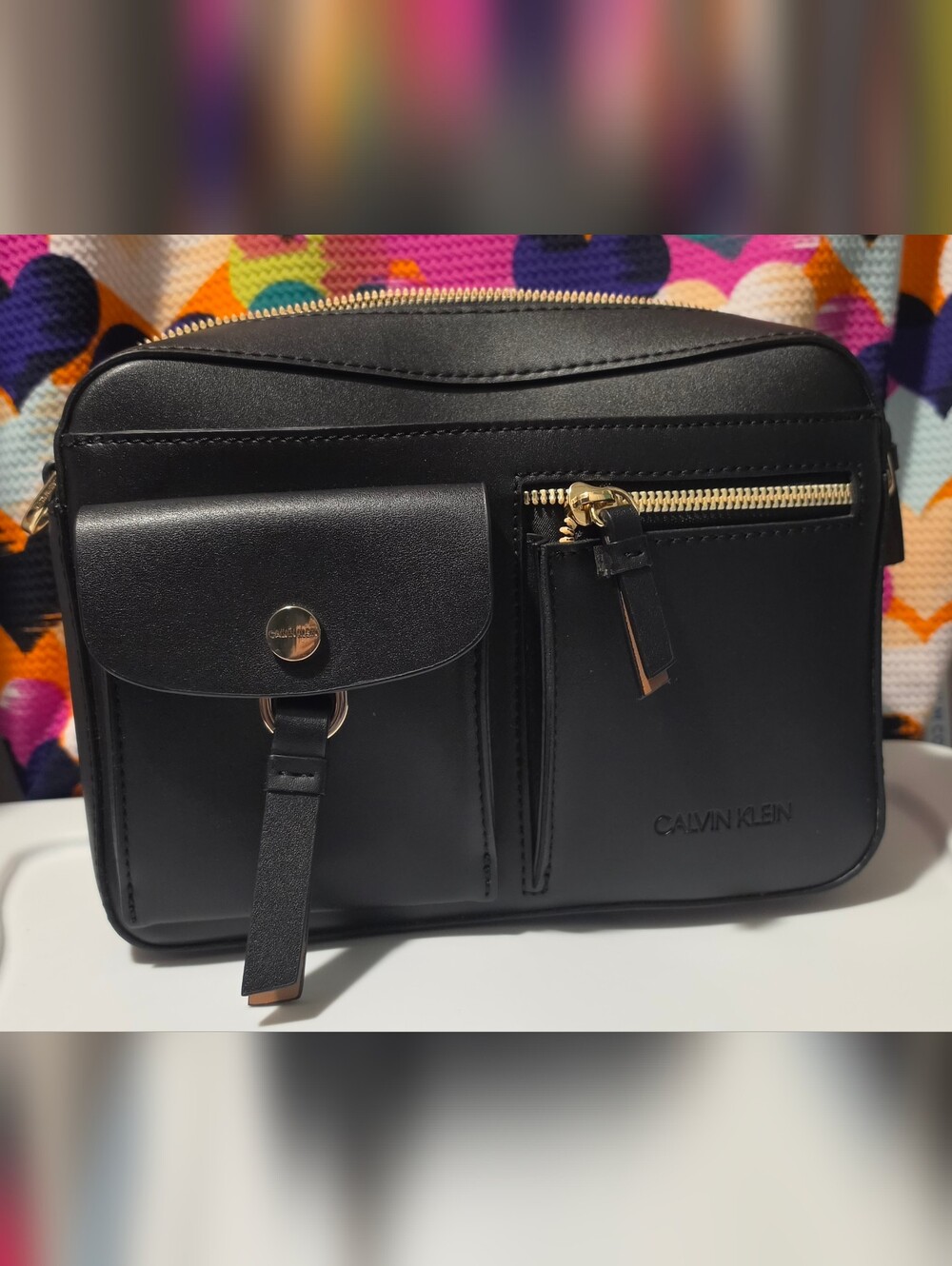 Calvin Klein Black Leather Crossbody with Gold Hardware